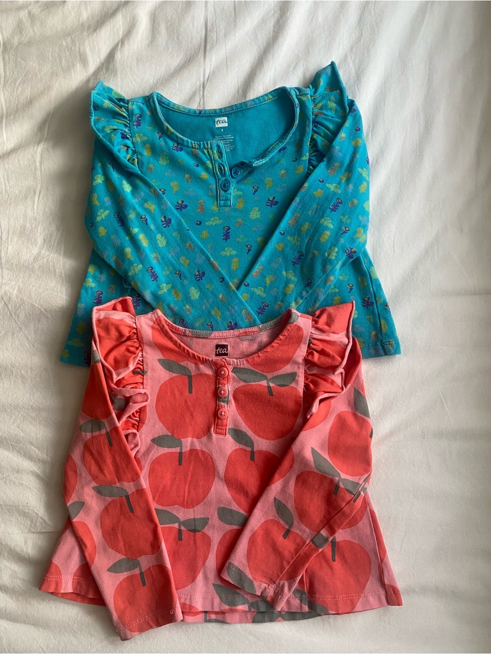 Bundle Tea Collection Girls Ruffle Henley Tops - Teal & Coral Apple 2T